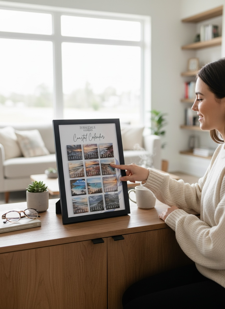 Customised Magnet Calendar 2027 with coastal photos in a black frame on a wooden cabinet, with a woman pointing at it.
