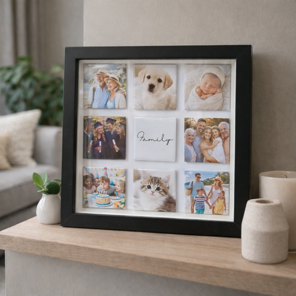 Photo Magnet Keepsakes arranged in a black frame, with family and pet photos surrounding a central ‘Family’ tile.
