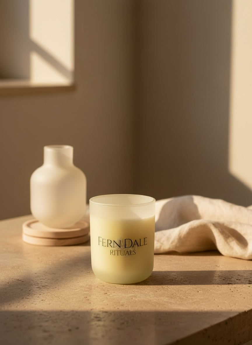 Vanilla & Musk Candle in a frosted glass jar on a sunlit surface, with a cream vase and draped fabric behind.